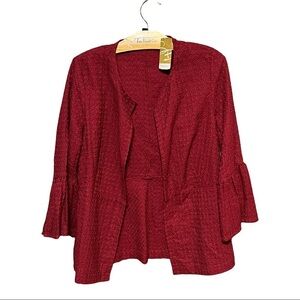 Suzanne Betro Burgundy Bell Sleeve Collarless One Button Peplum Style Eyelet Top